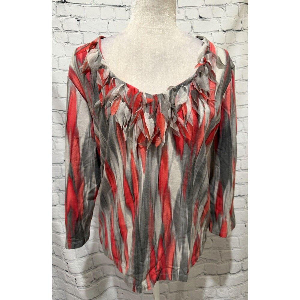 Ruby Rd. blouse Vibrant Red & Gray Ikat Print Cotton Blend Top Blouse Size Large